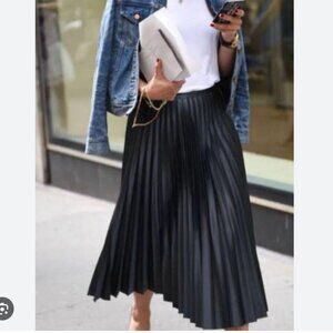 ZARA BLACK PLEATED SATIN EFFECT MIDI SKIRT ELASTIC WAISTBAND NWT